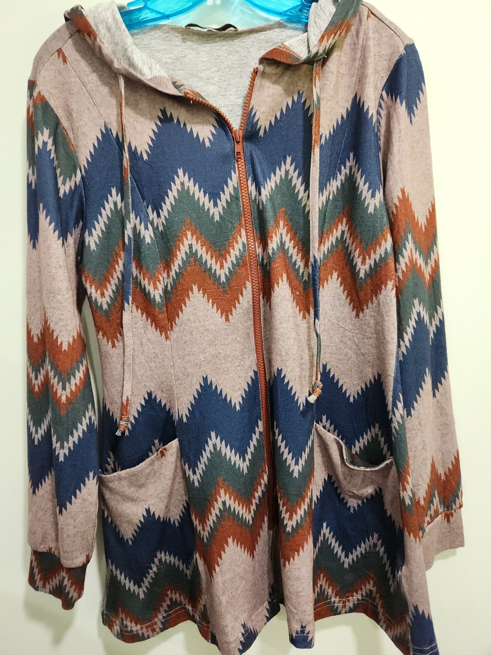 Women's Hooded Zip Jacket in Tan with Blue & Green Chevron